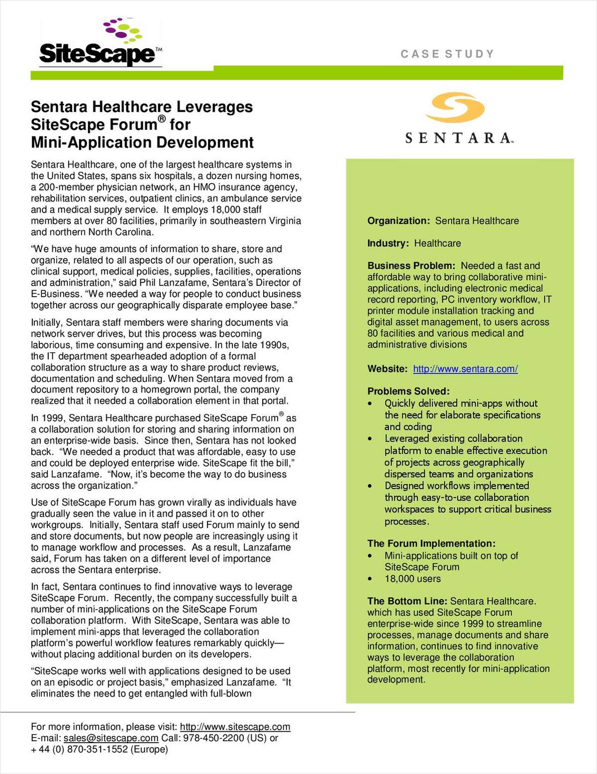 Sentara Healthcare Leverages SiteScape Forum for Mini-Application Development