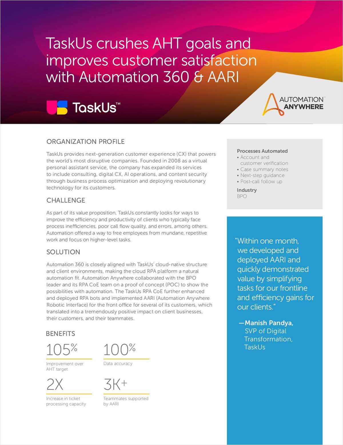 TaskUs crushes AHT goals and improves customer satisfaction with Automation 360 & AARI
