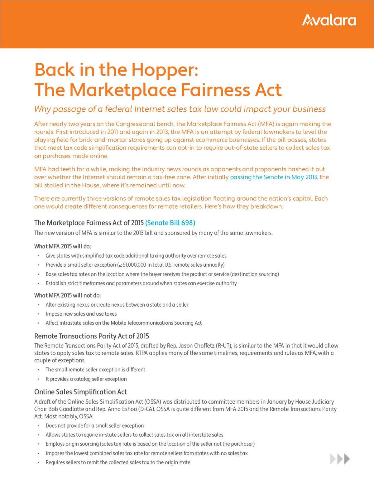 Back in the Hopper: The Marketplace Fairness Act