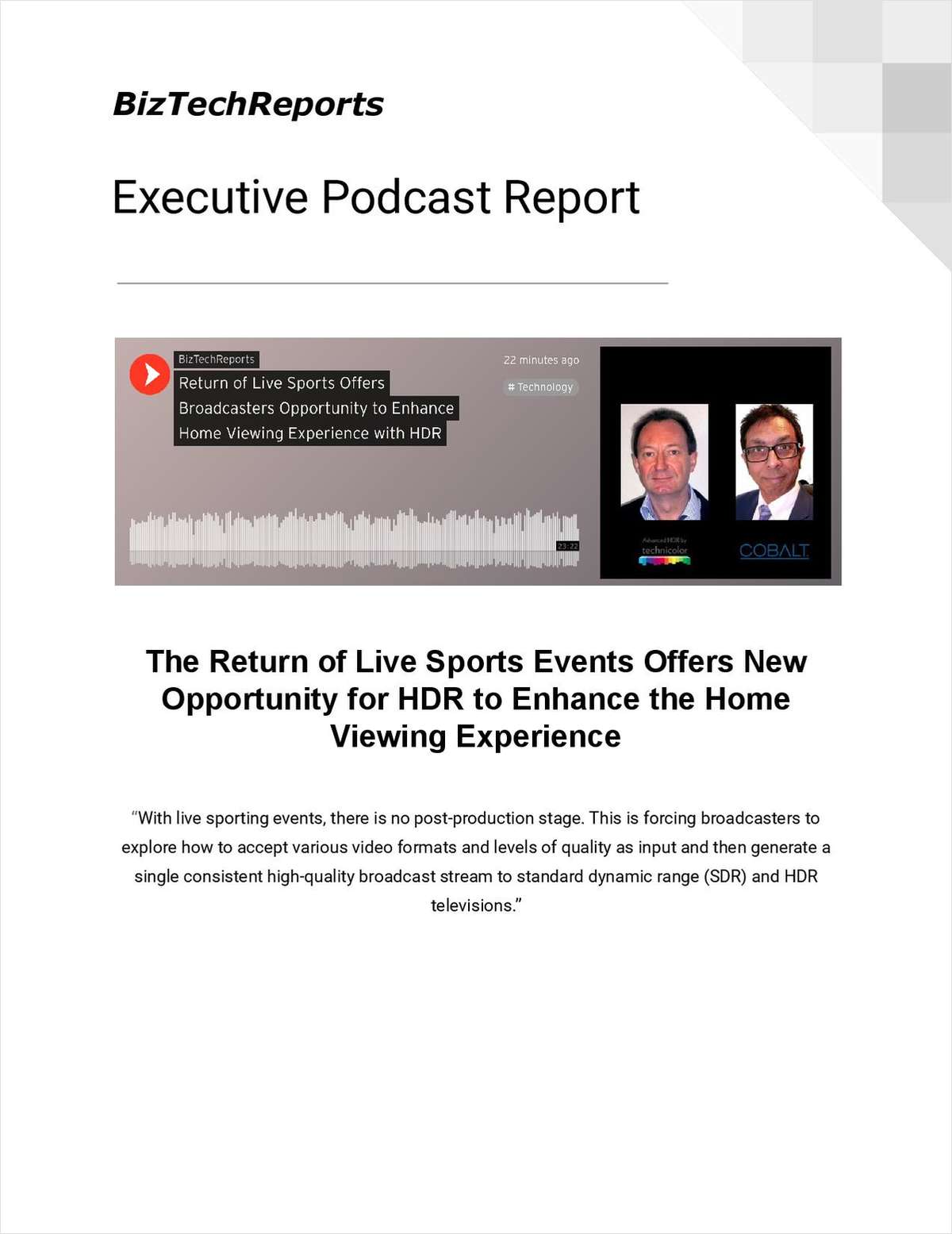 The Return of Live Sports Events Offers New Opportunity for HDR to Enhance the Home Viewing Experience