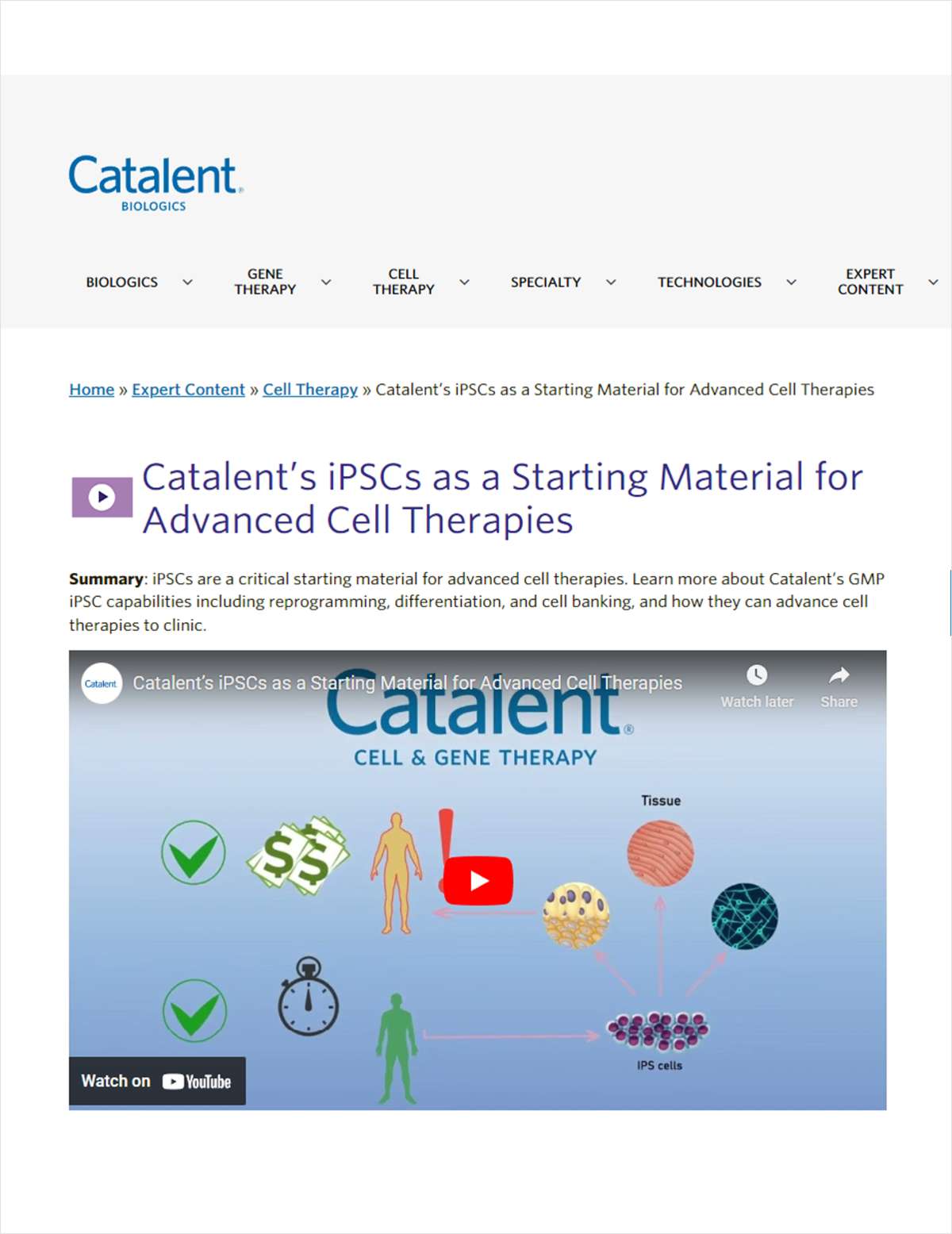 Catalent's iPSCs as a Starting Material for Advanced Cell Therapies