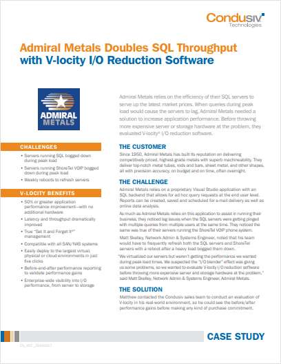 Admiral Metals Doubles SQL Throughput with V-locity I/O Reduction Software