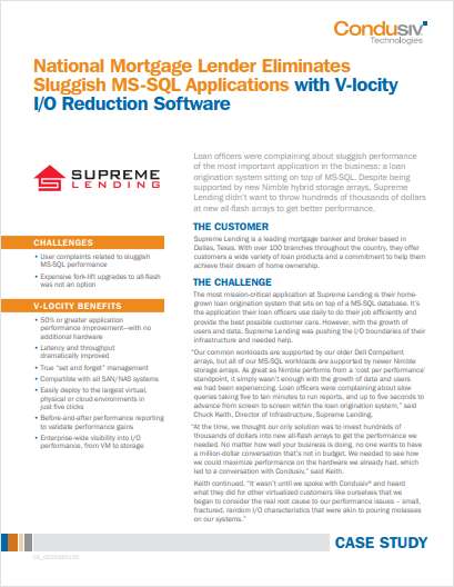 National Mortgage Lender Eliminates Sluggish MS-SQL Applications with V-locity I/O Reduction Software