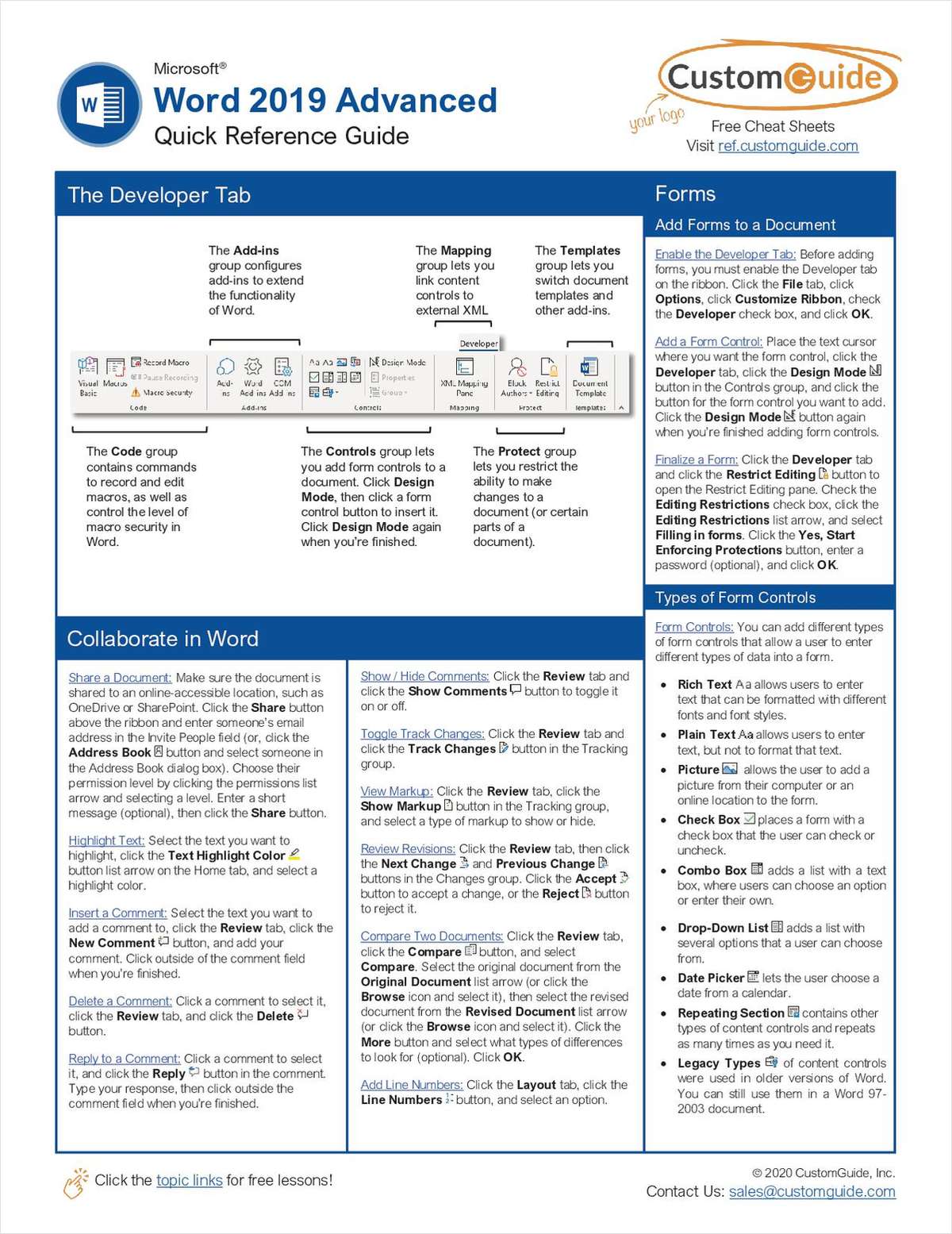 Microsoft Word 2019 Advanced -- Free Reference Card