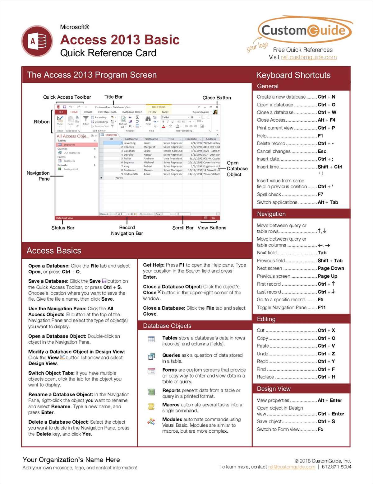 Microsoft Access 2013 Basic - Free Quick Reference Card