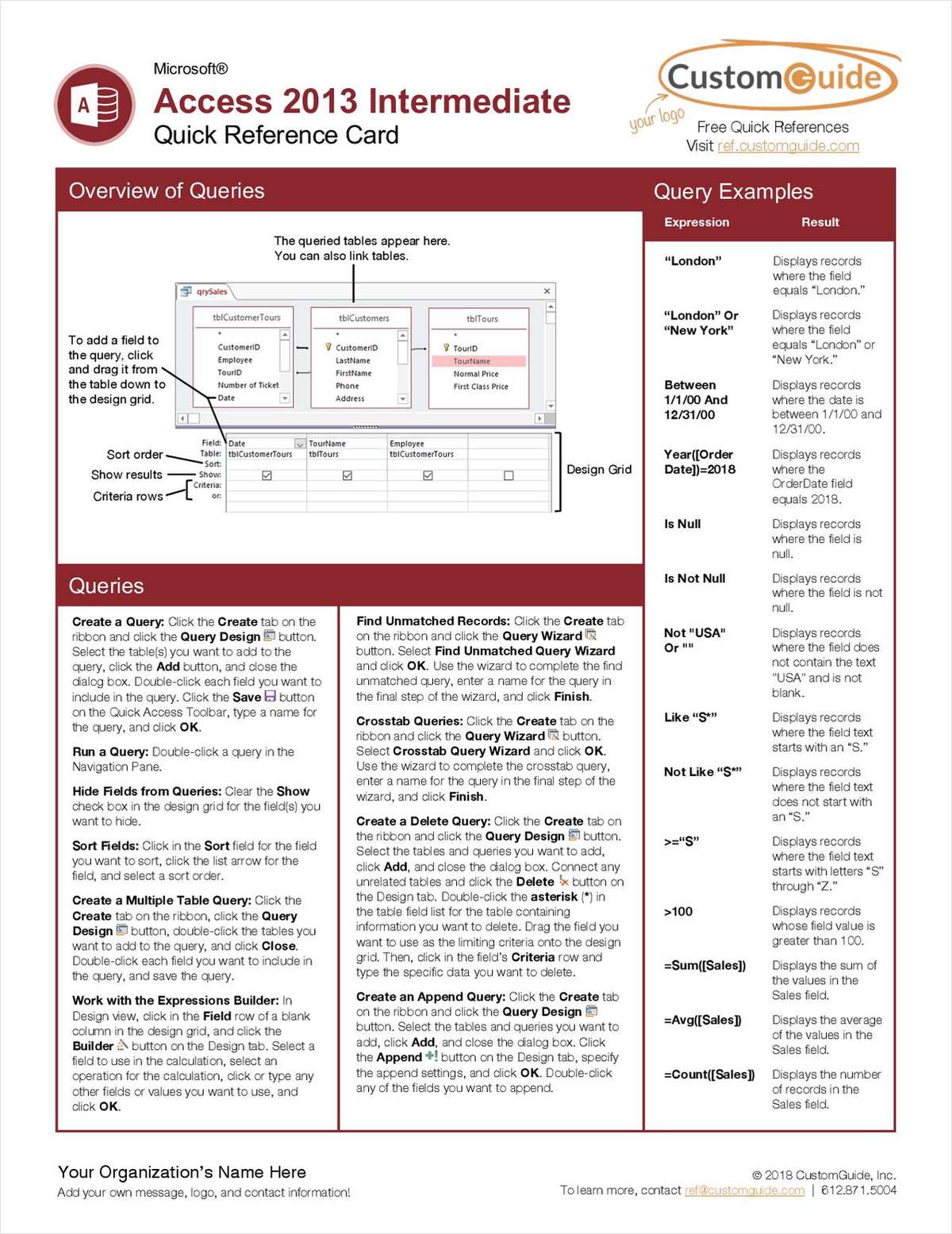 Microsoft Access 2013 Intermediate - Free Quick Reference Card