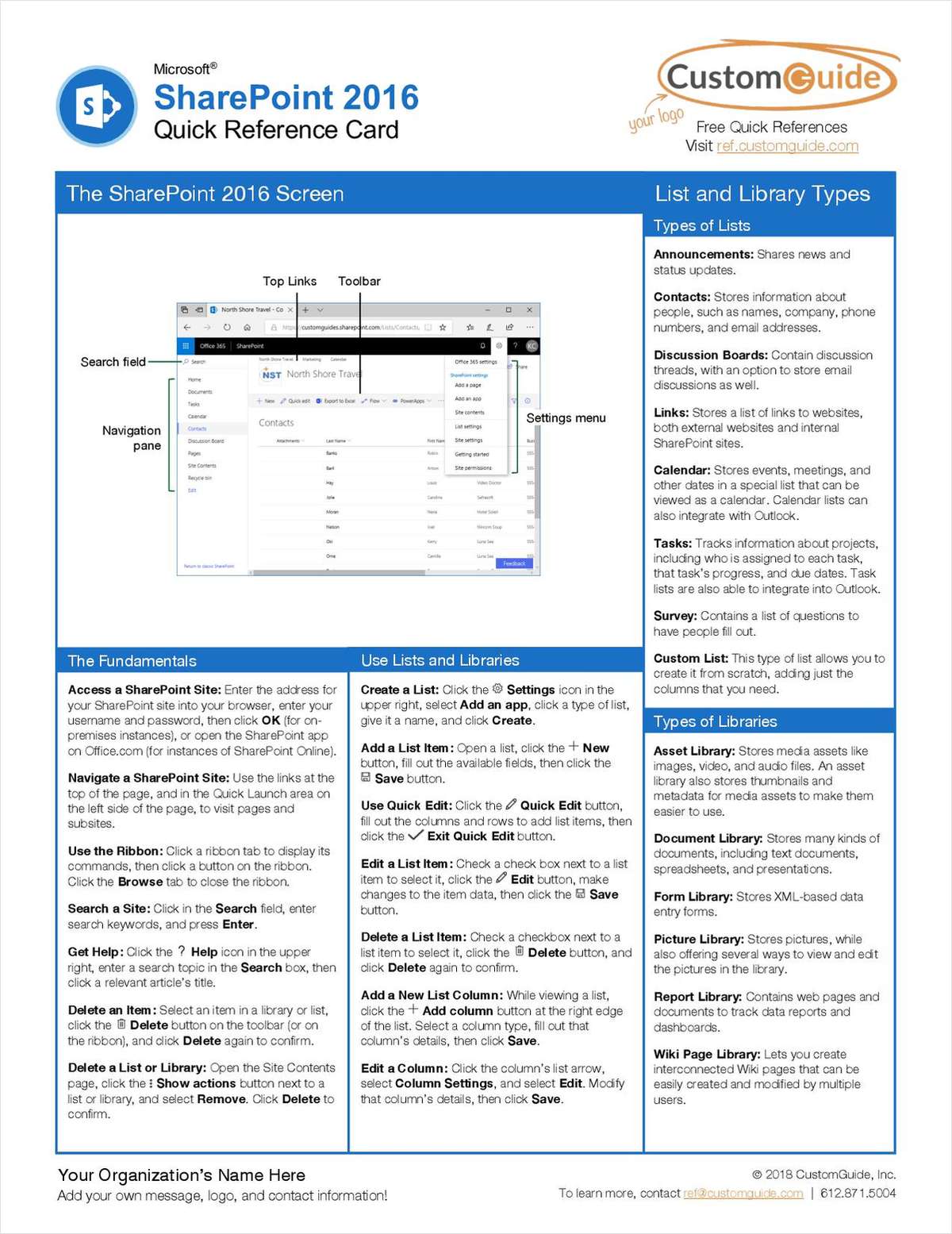 Microsoft Office SharePoint 2016 - Quick Reference Card