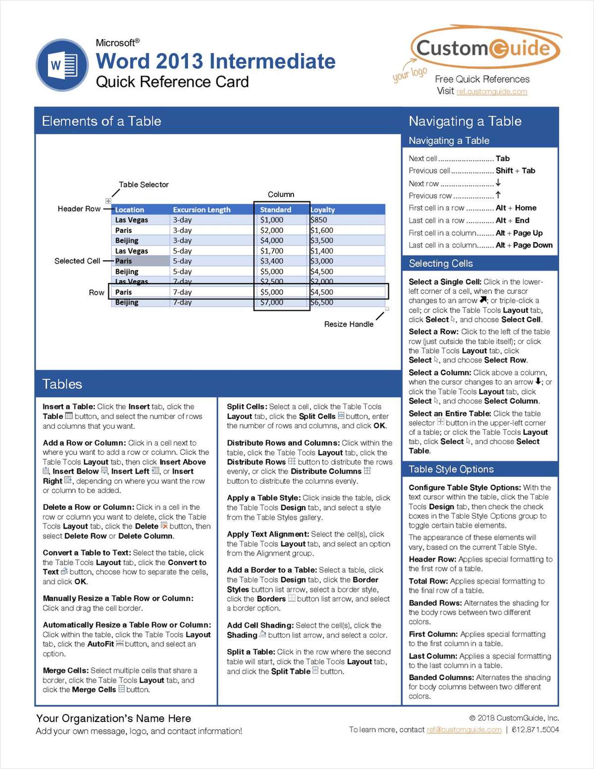Microsoft Word 2013 Intermediate - Quick Reference Card