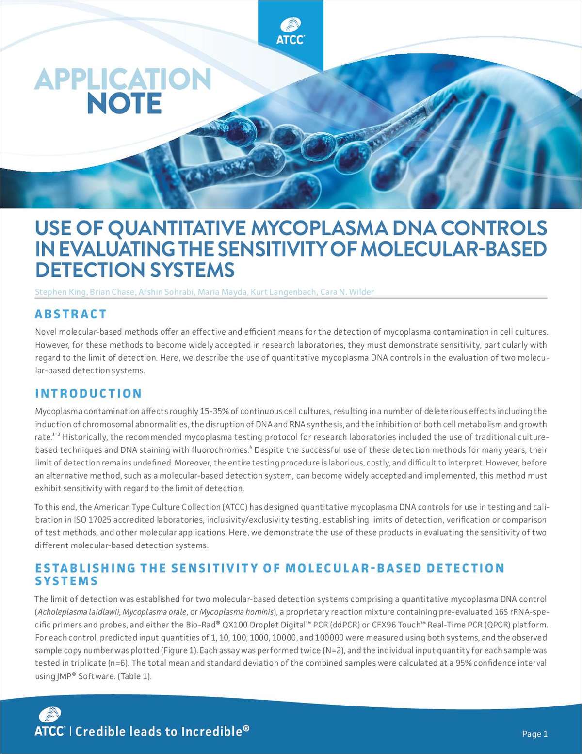 Use of Quantitative Mycoplasma DNA Controls in Evaluating the Sensitivity of Molecular-Based Detection Systems