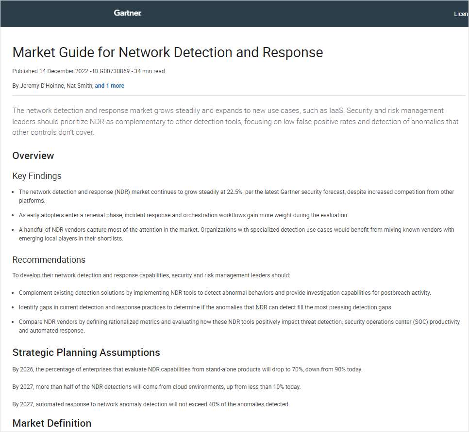 Gartner Market Guide for Network Detection and Response