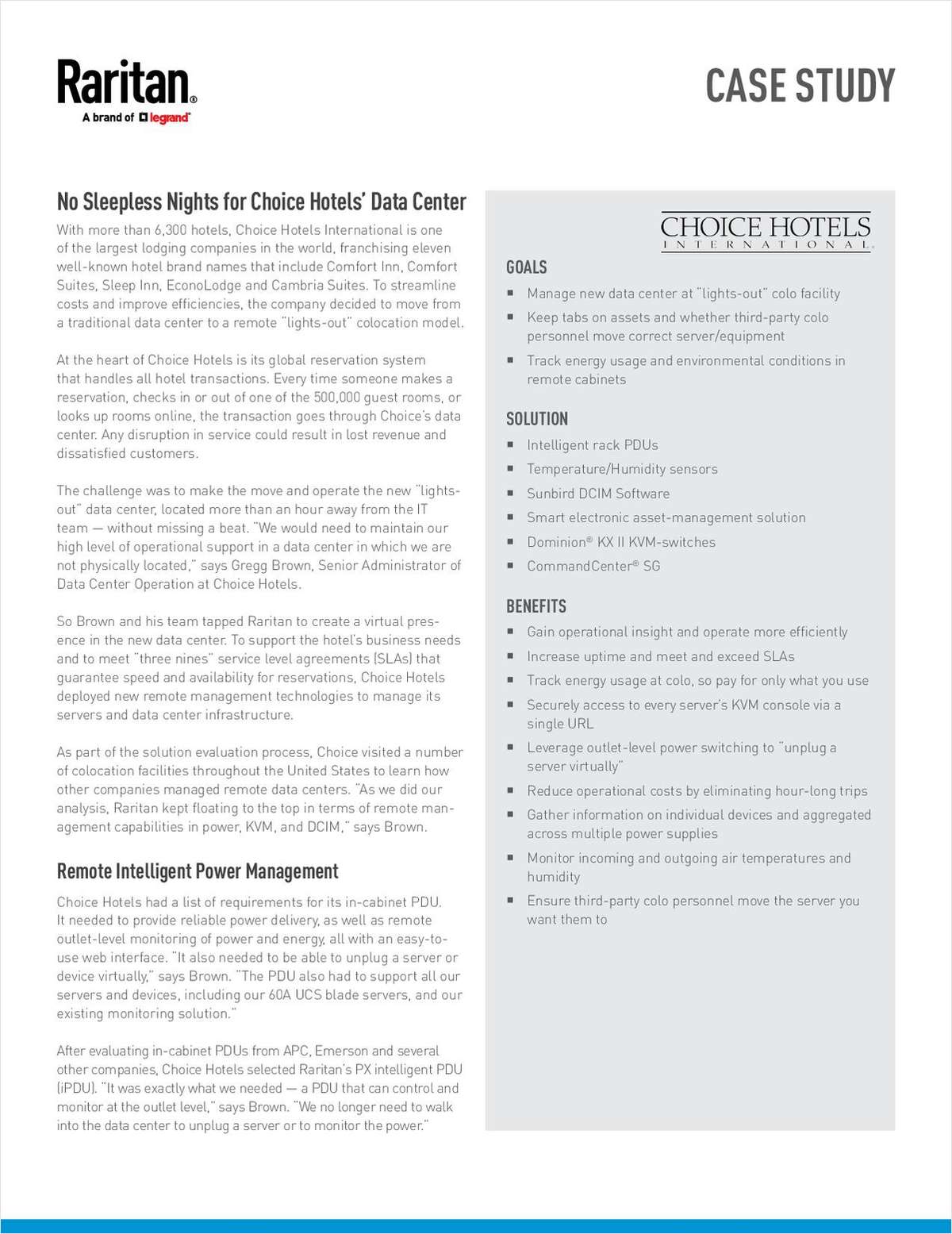 Choice Hotels Goes 'Lights Out' with Remote Power Management and Server Access from Raritan