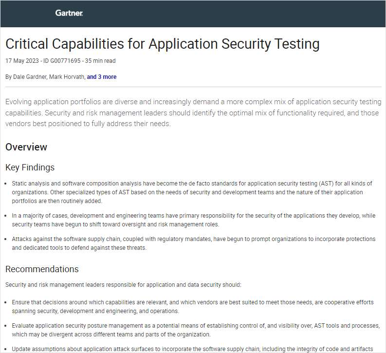 Gartner Critical Capabilities for Application Security Testing 2023