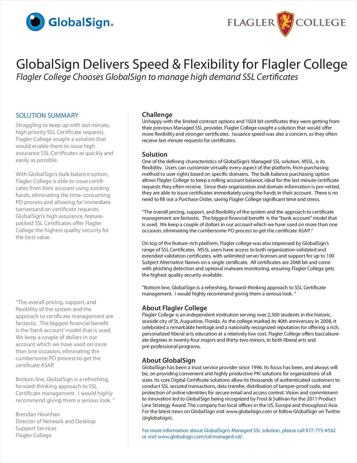 GlobalSign Delivers Speed & Flexibility Through Managed Digital Certificates for Flagler College