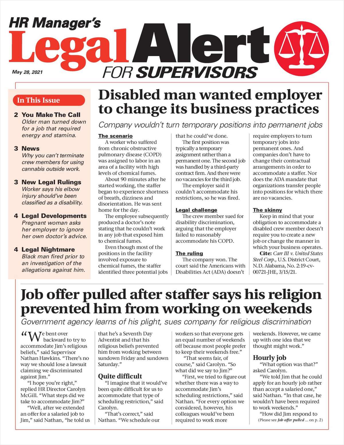 HR Manager's Legal Alert for Supervisors Newsletter: May 28 Edition