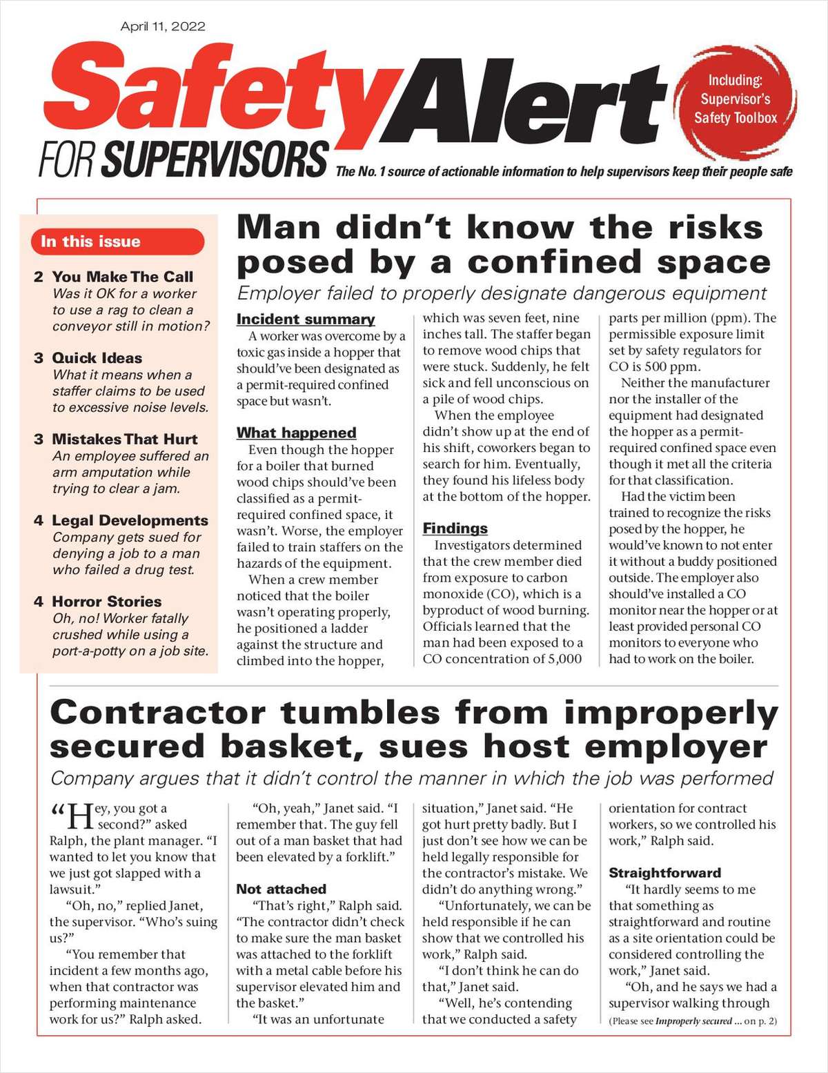 Safety Alert for Supervisors Newsletter: April 11 Issue