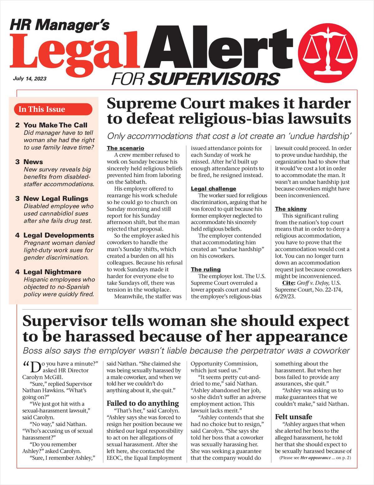 HR Manager's Legal Alert for Supervisors Newsletter: July 14 Edition