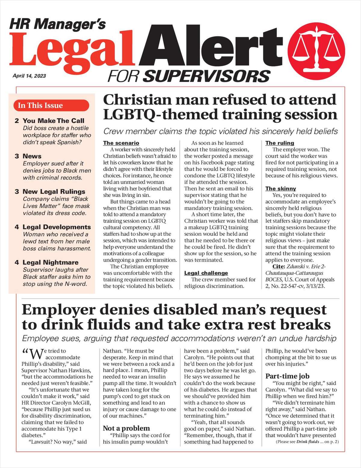 HR Manager's Legal Alert for Supervisors Newsletter: April 14 Edition