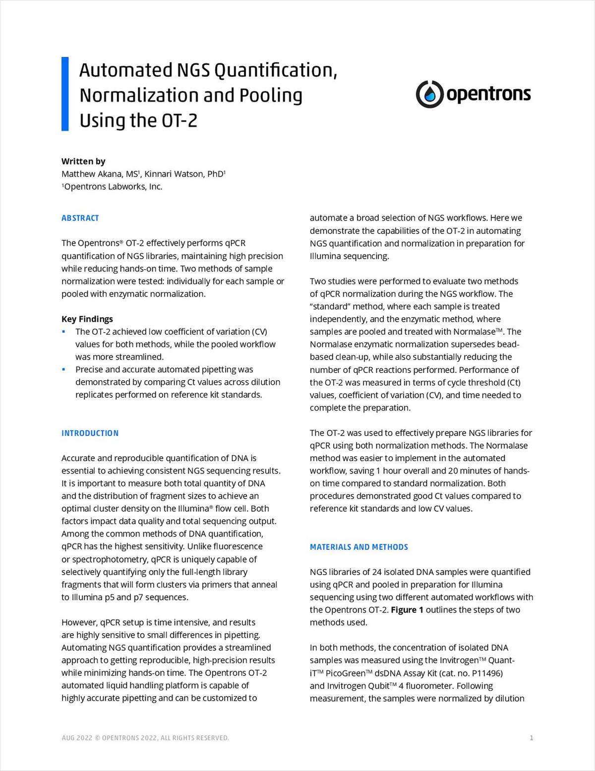 Automated NGS Quantification, Normalization, and Pooling Using the OT-2