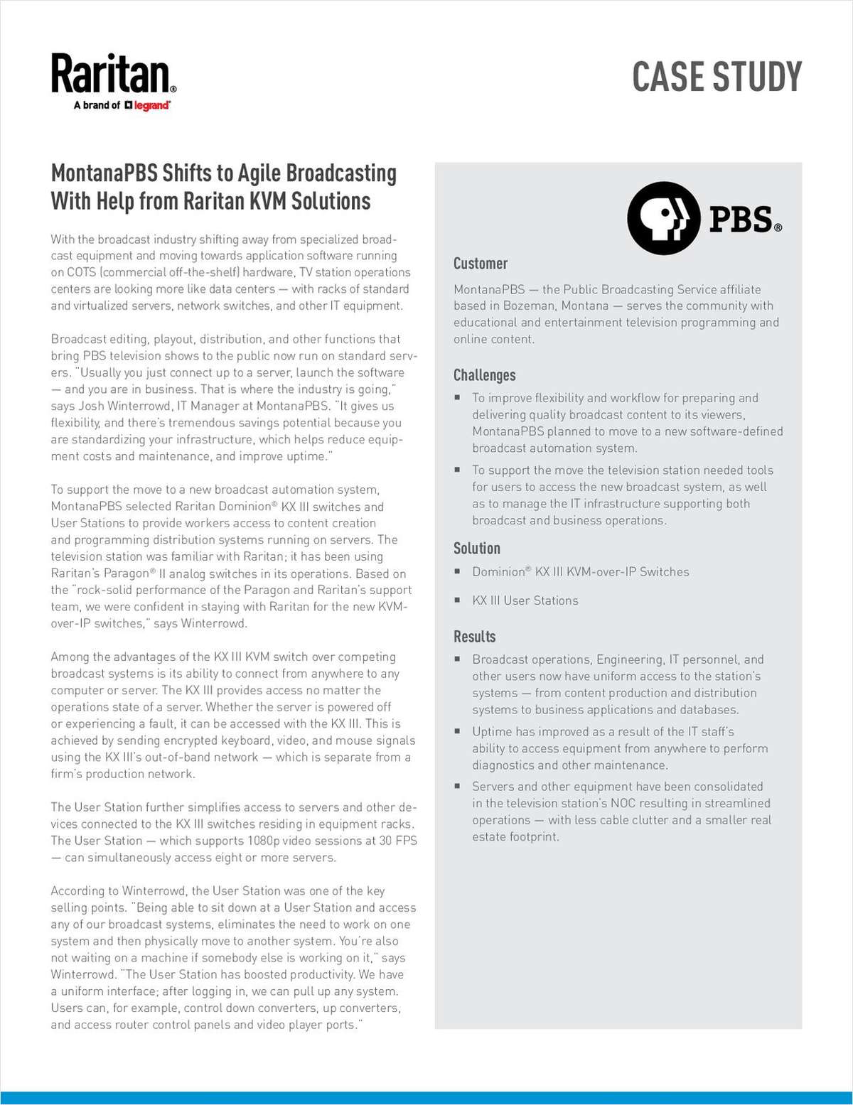 MontanaPBS Shifts to Agile Broadcasting with Help from Raritan KVM Solutions