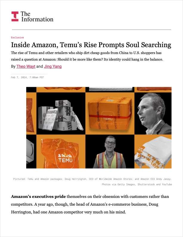 Inside Amazon, Temu's Rise Prompts Soul Searching
